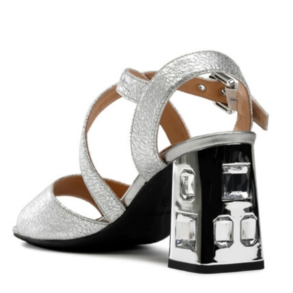Geox Metallic Silver Rhinestone Jeweled Block Ankle Strap Heels NWT - Picture 13 of 16
